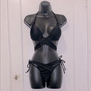 New Black Halter Criss Cross 2 Piece Tie Bikini Swimsuit Bathing Suit Set M